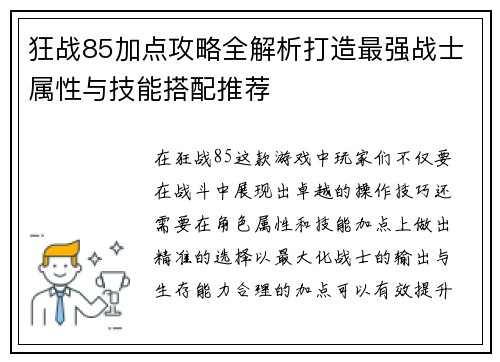 狂战85加点攻略全解析打造最强战士属性与技能搭配推荐